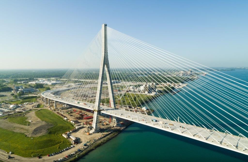 Aerial view of the Gordie Howe International Bridge and Detroit River